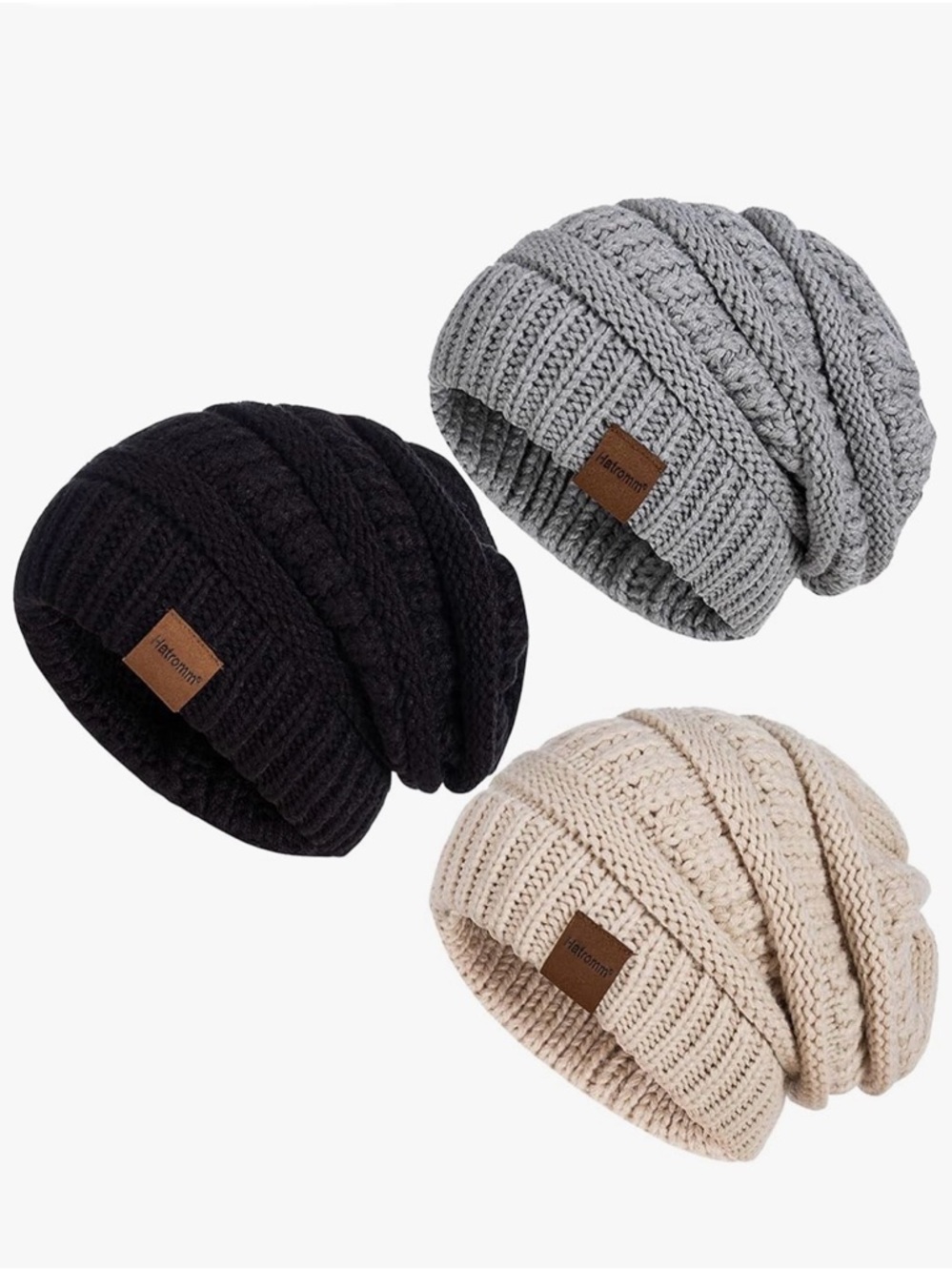 Knit Slouch Beanie Trio for Kids - Black, Gray & Cream